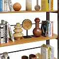 Modern Wooden Bookshelf With Multiple Open Shelves Books And Decorative Sculptures