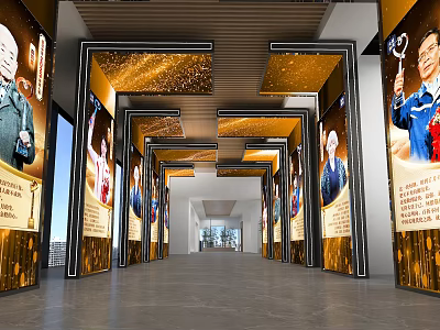 Modern Cultural Center Interior With Long Corridor And Exhibition Display Panels 3d model