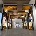 Modern Cultural Center Interior With Long Corridor And Exhibition Display Panels