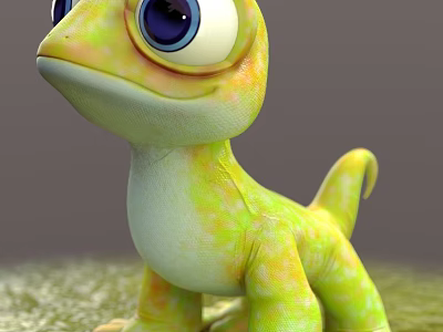 Adorable Cartoon Green Yellow Lizard With Big Eyes Standing On Plain Surface 3d model