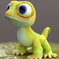 Adorable Cartoon Green Yellow Lizard With Big Eyes Standing On Plain Surface