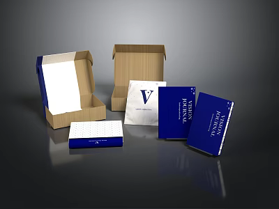 Household Items Packaging With Open Cardboard Box Blue Cases And White Label 3d model