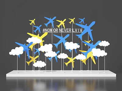 Vibrant Photo Taking Spot NOW OR NEVER LVIV With Blue Yellow Airplanes And White Clouds 3d model