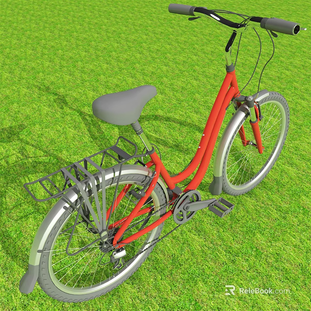 Outdoor View of Red Bicycle on Green Grass Field with Gray Seat and Rear Rack 3d model 
