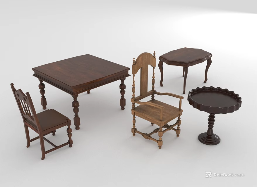 Classic Wooden Table And Chair Set With Carved Details And Decorative Side Tables 3d model 