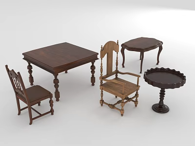 Classic Wooden Table And Chair Set With Carved Details And Decorative Side Tables 3d model
