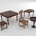 Classic Wooden Table And Chair Set With Carved Details And Decorative Side Tables