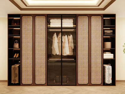 Modern Wardrobe Interior With Rattan Panel Doors Hanging Clothes And Storage Shelves 3d model