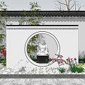 Tranquil Courtyard Garden With Circular Window Buddha Statue Bamboo And Pink Blossoms