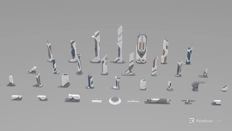 Modern Sculptural Decorative Objects With Various Heights And White Blue Tones 3d model