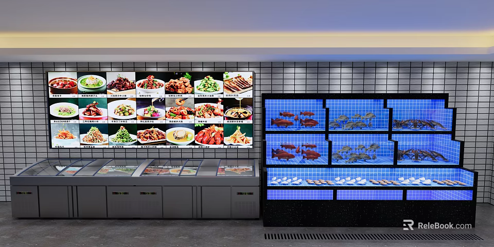 Restaurant Food Display Area With Fresh Seafood Refrigerated Cases And Various Dishes On Screens 3d model 
