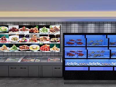 Restaurant Food Display Area With Fresh Seafood Refrigerated Cases And Various Dishes On Screens 3d model
