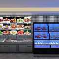 Restaurant Food Display Area With Fresh Seafood Refrigerated Cases And Various Dishes On Screens