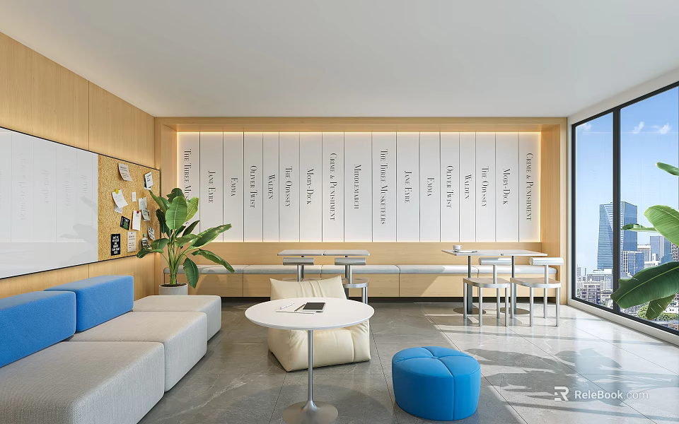 Modern Light Wood Office Pantry With Comfortable Lounge Seats And Bright Large View Windows 3d model 
