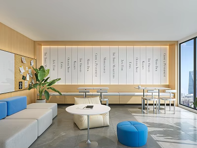 Modern Light Wood Office Pantry With Comfortable Lounge Seats And Bright Large View Windows 3d model