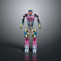Futuristic Game Movie Robot Character With Pink Blue Yellow Mechanical Design And Shiny Finish
