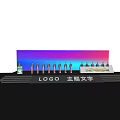 Functional Desk Setup On Event Stage With Logo Theme Text And Standing People 3d model