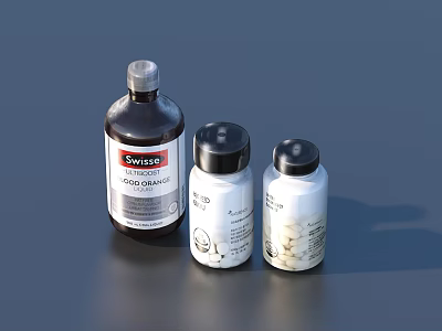 Medical Devices Swiss Hydrogen Peroxide Solution Bottle and Two Small White Medical Bottles 3d model