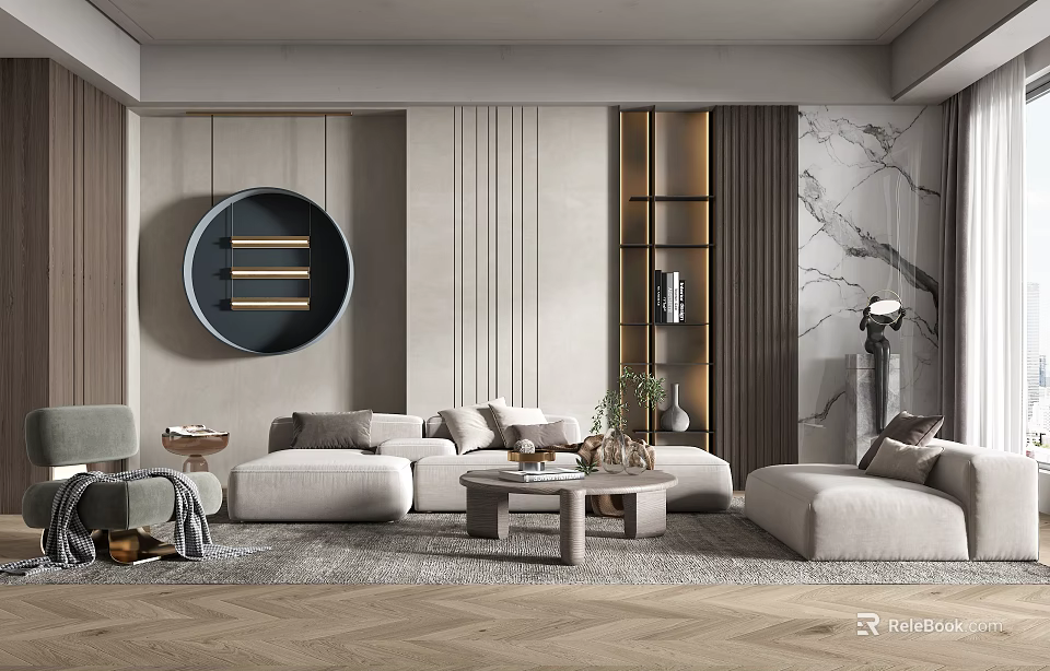 Modern Beige Sofa And Coffee Table Set With Circular Wall Art Green Plant And Wooden Flooring 3d model 