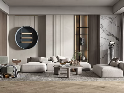 Modern Beige Sofa And Coffee Table Set With Circular Wall Art Green Plant And Wooden Flooring 3d model