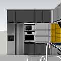 Modern Kitchen Interior Featuring Gray And Yellow Cabinets With Refrigerator Sink And Stove