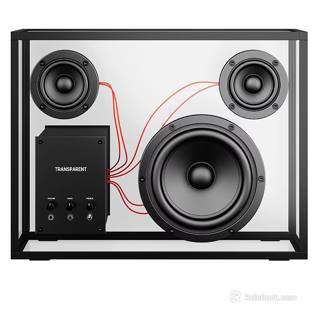 Transparent Audio Speaker System With Multiple Speakers And Red Connecting Wires 3d model 