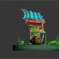 Small Boat Model With Blue Roof Green Decorations Lanterns And Lotus Leaves