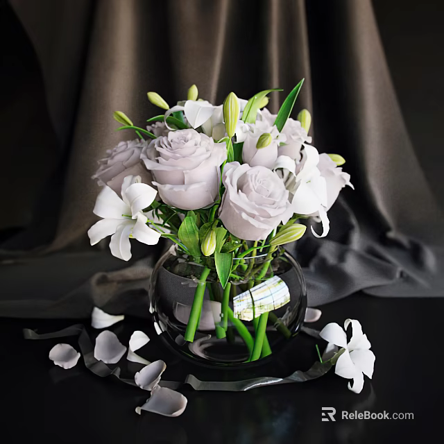 Transparent Glass Vase With Purple Roses White Lilies And Scattered Petals On Dark Background 3d model 