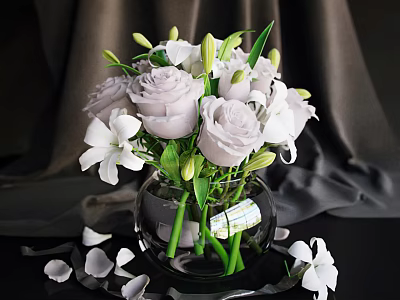 Transparent Glass Vase With Purple Roses White Lilies And Scattered Petals On Dark Background 3d model