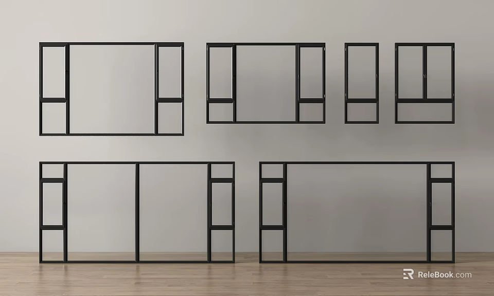 Sleek Casement Windows With Black Frames And Various Design Styles 3d model 