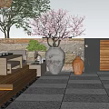 Courtyard Garden Entrance Design With Stone Wall Green Plants Wooden Door And Hanging Lantern