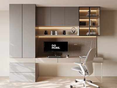 Modern Grey Glass Door Bookcase In Home Office With LED Lighting And Computer Desk 3d model