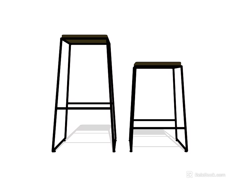 Two Modern Bar Stools With Metal Frame And Wooden Seat In Minimalist Style 3d model 