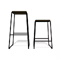 Two Modern Bar Stools With Metal Frame And Wooden Seat In Minimalist Style