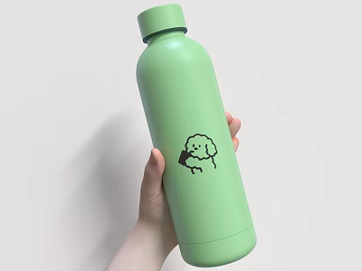 Cute Light Green Insulated Water Bottle With Cartoon Sheep Held in Hand 3d model
