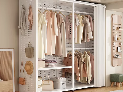 White Clothing Display Rack with Hanging Light Colored Clothes Storage and Hooks for Bags Hats 3d model