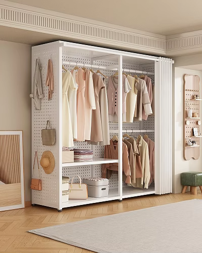White Clothing Display Rack with Hanging Light Colored Clothes Storage and Hooks for Bags Hats 3d model