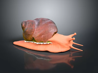 Snail With Brown Shell And Orange Body On Black Background With Reflection 3d model