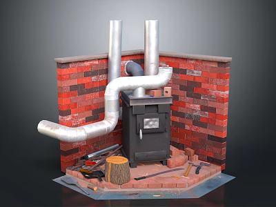 Silver Pipes Connected to Black Stove Against Red Brick Wall With Tools and Logs Around 3d model