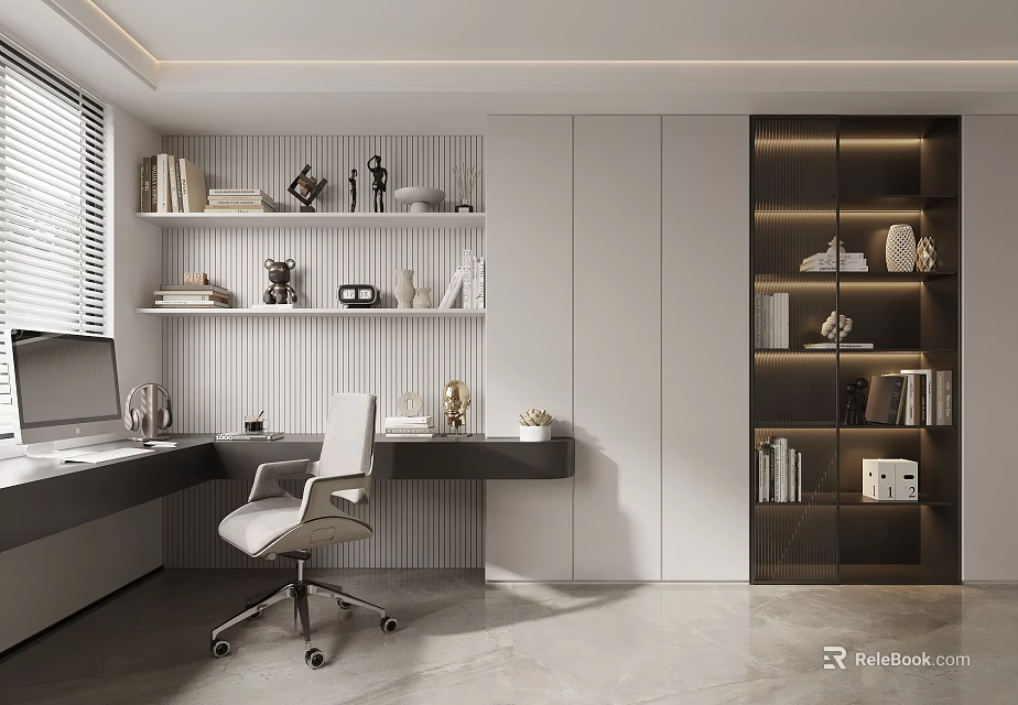 Modern Study Room Interior Design With Desk Chair Bookshelves Window Blinds And Decorations 3d model 