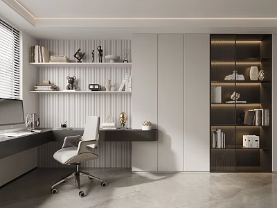 Modern Study Room Interior Design With Desk Chair Bookshelves Window Blinds And Decorations 3d model
