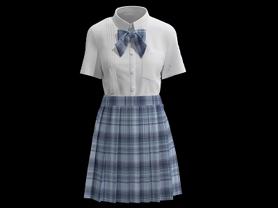 Stylish White Short Sleeve Shirt With Blue Bow Tie And Plaid Skirt Outfit 3d model