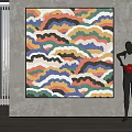 Colorful Wavy Abstract Painting And Black Sculpture With Red Object In Modern Interior