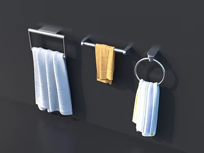 Bathroom Wall Mounted Towel Rack With White Yellow And Blue White Striped Towels 3d model