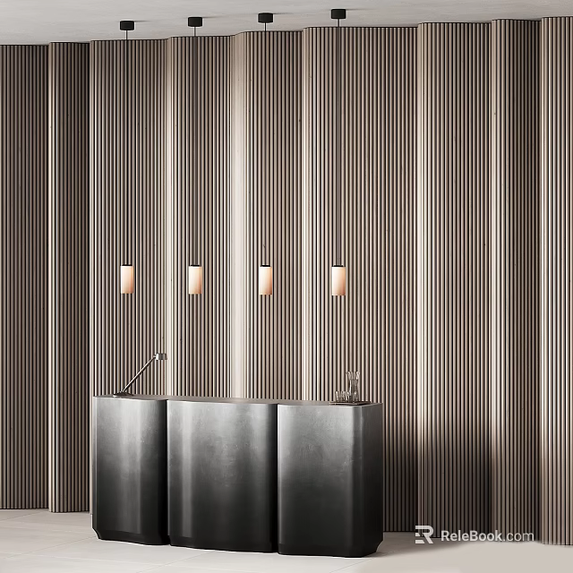 Vertical Striped Textured Wall Panel With Pendant Lights And Reception Desk 3d model 