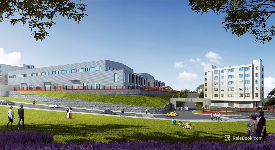Modern Industrial Factory With Gray Exterior Green Lawn People Walking And Adjacent Building 3d model 