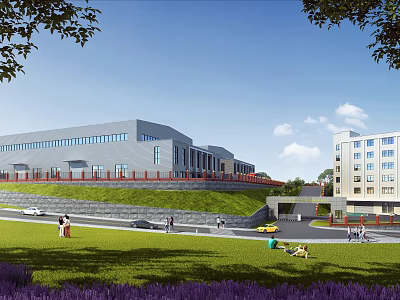 Modern Industrial Factory With Gray Exterior Green Lawn People Walking And Adjacent Building 3d model