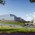 Modern Industrial Factory With Gray Exterior Green Lawn People Walking And Adjacent Building