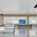Modern Exhibition Hall With White Display Stands Digital Screens And Blue Pendant Lights