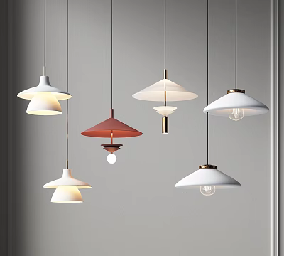 Stylish Pendant Lights With Various Designs And Colors Hanging On Neutral Wall 3d model